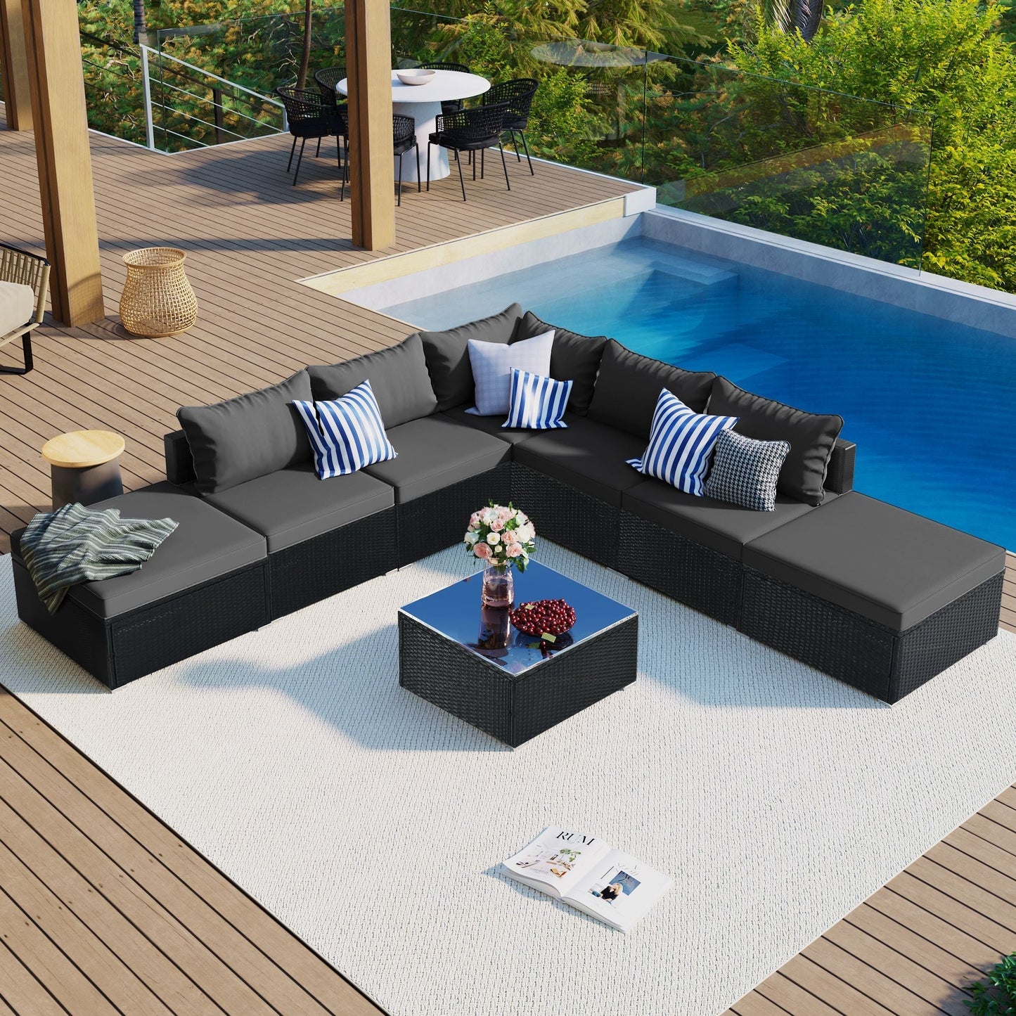 8-Pieces Outdoor Patio Furniture Sets; Garden Conversation Wicker Sofa Set; Single Sofa Combinable
