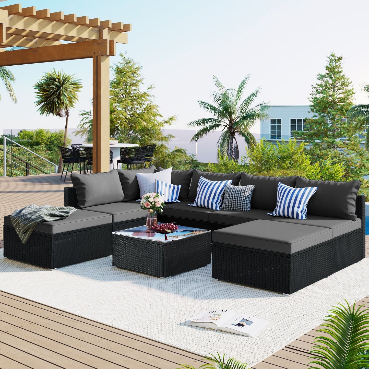 8-Pieces Outdoor Patio Furniture Sets; Garden Conversation Wicker Sofa Set; Single Sofa Combinable