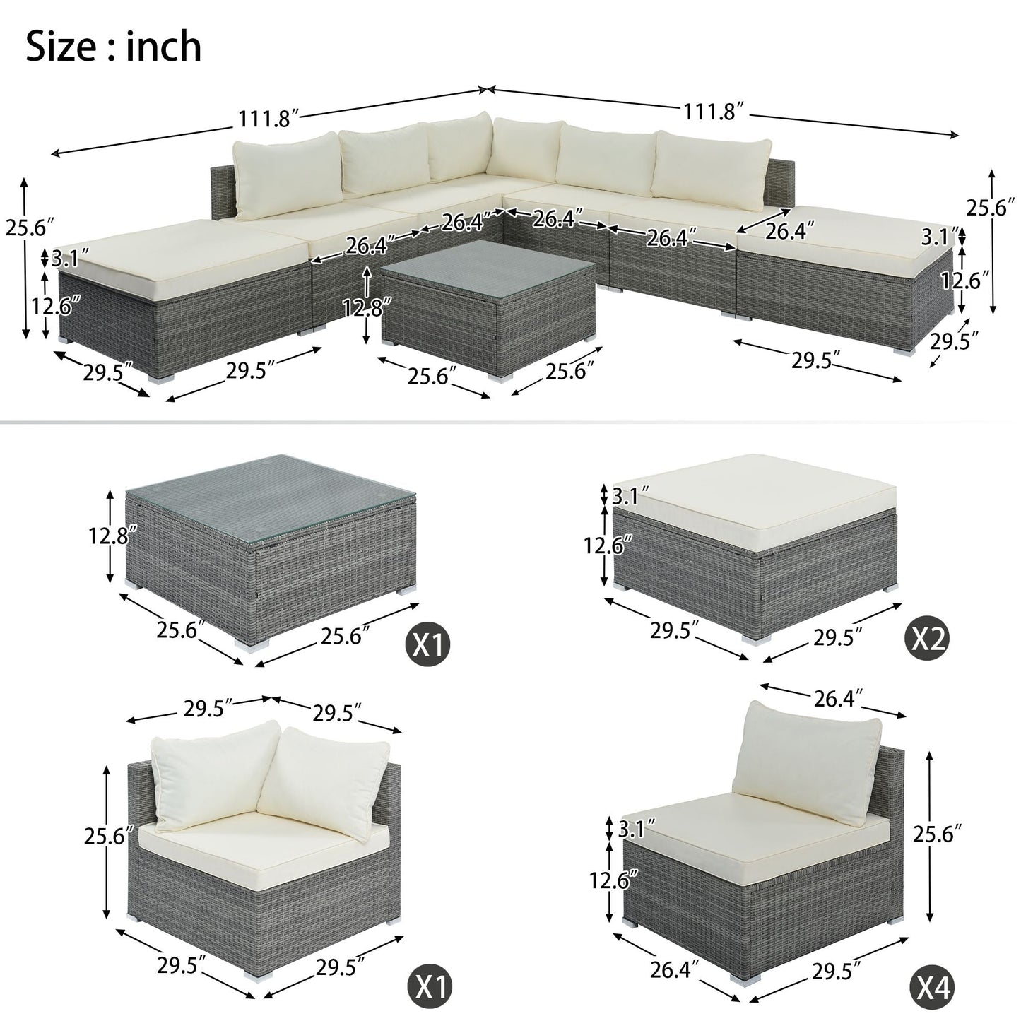8-Pieces Outdoor Patio Furniture Sets; Garden Conversation Wicker Sofa Set; Single Sofa Combinable