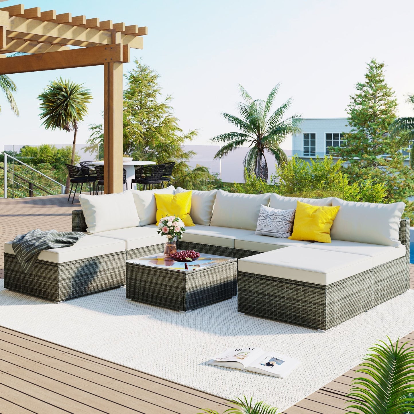8-Pieces Outdoor Patio Furniture Sets; Garden Conversation Wicker Sofa Set; Single Sofa Combinable