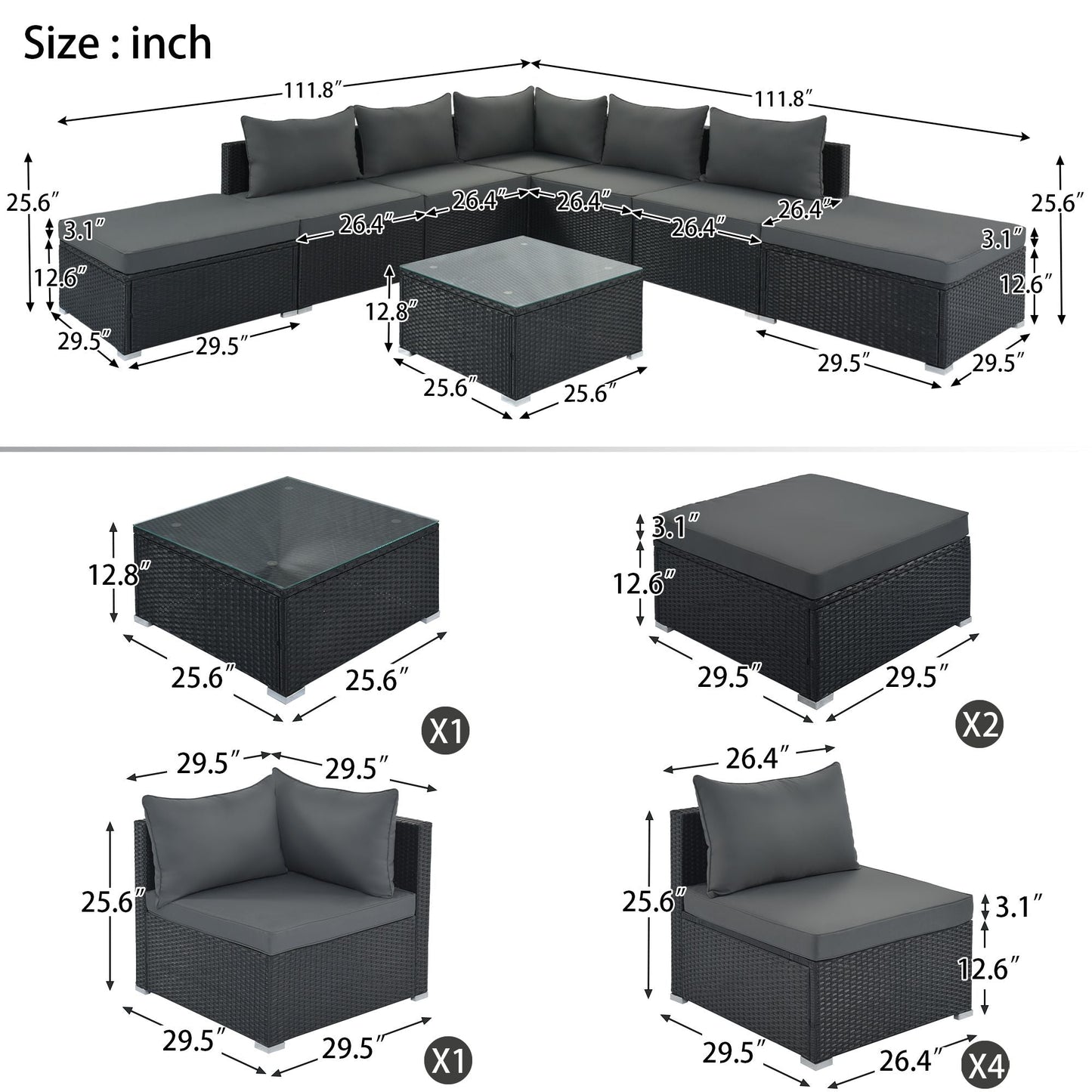 8-Pieces Outdoor Patio Furniture Sets; Garden Conversation Wicker Sofa Set; Single Sofa Combinable