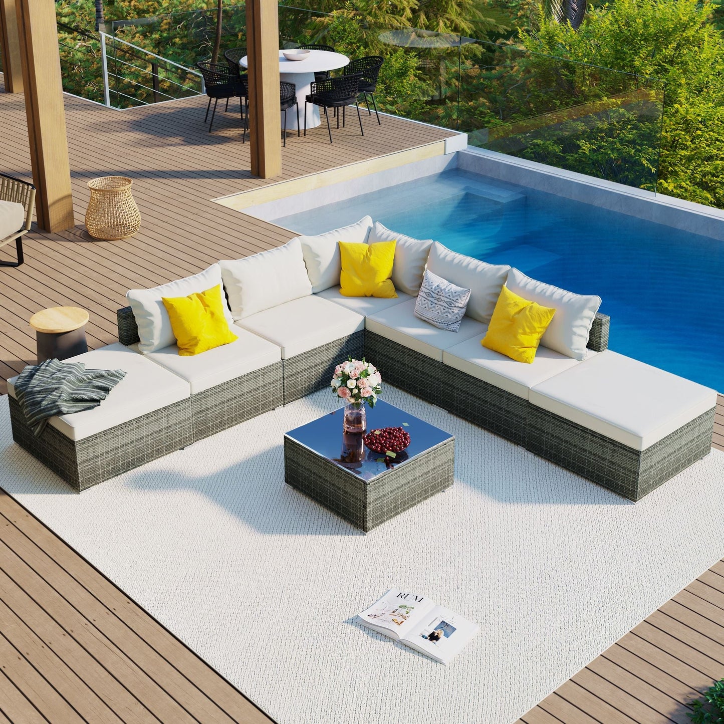 8-Pieces Outdoor Patio Furniture Sets; Garden Conversation Wicker Sofa Set; Single Sofa Combinable