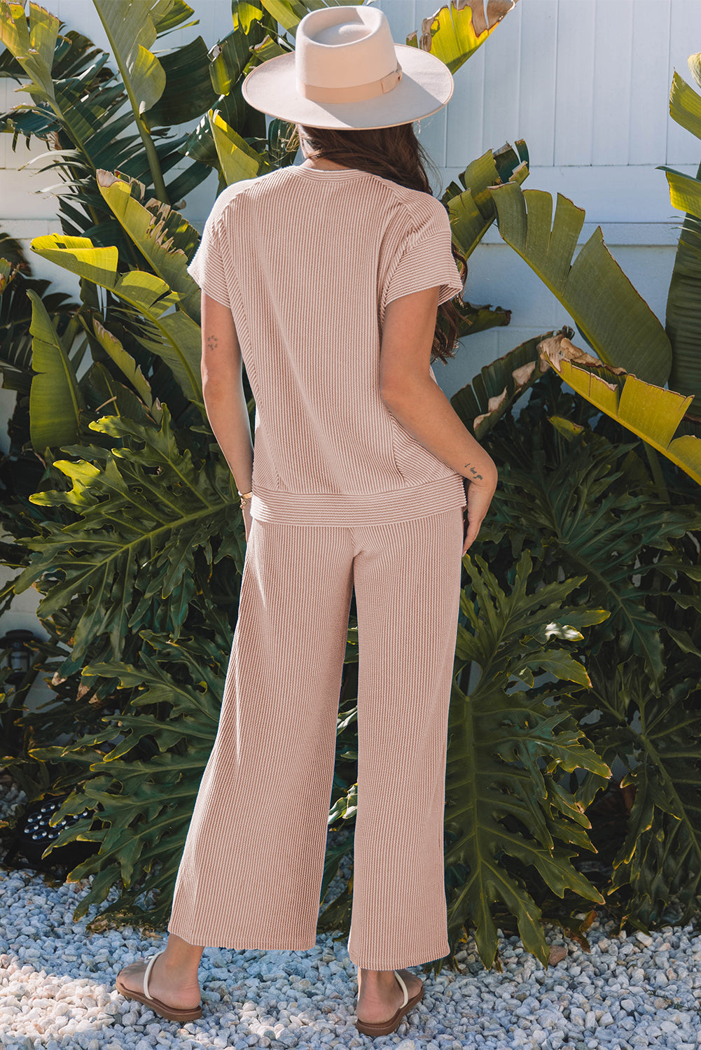 Luxury Solid Corded Knit Short Sleeve T Shirt and Wide Leg Pants Set