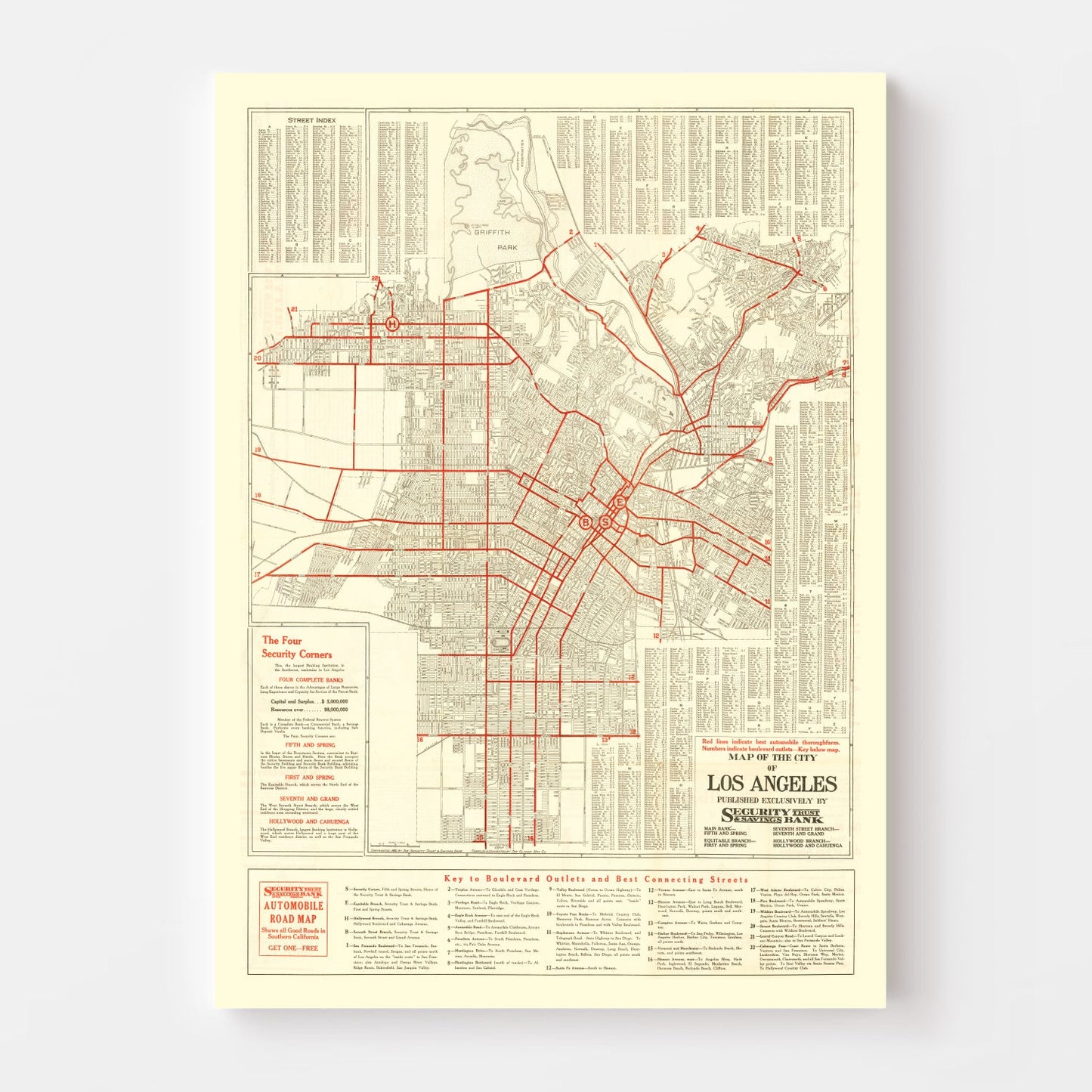 Vintage Map of Los Angeles, California 1914