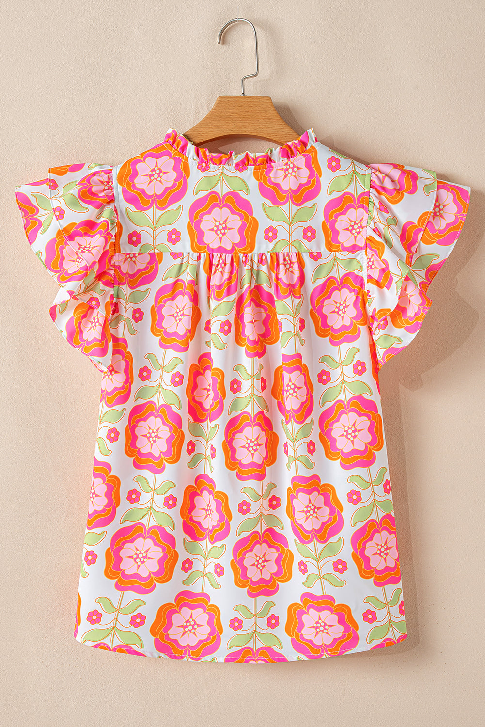 Floral Ricrac Trim Ruffle Sleeve Blouse