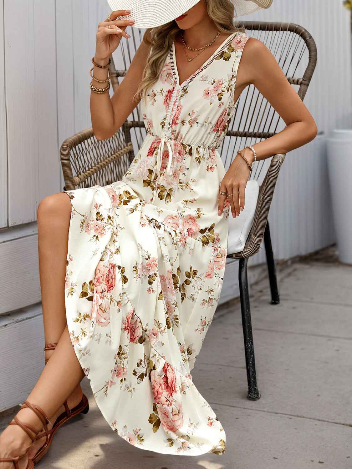 Printed Ruffled Hem V-Neck Dress