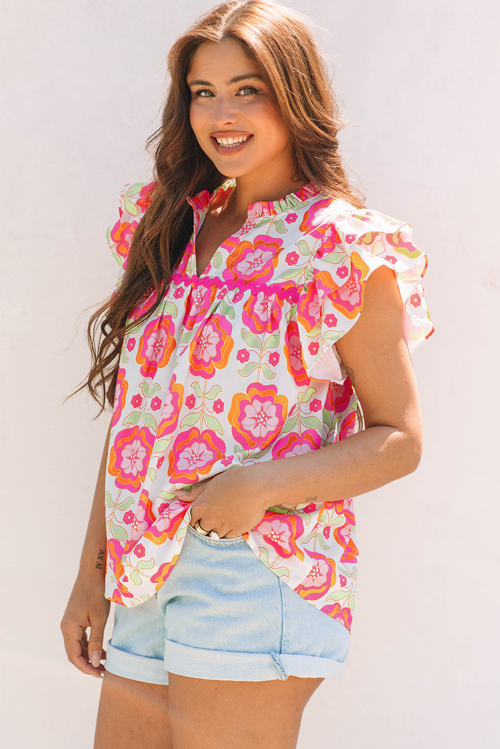 Floral Ricrac Trim Ruffle Sleeve Blouse