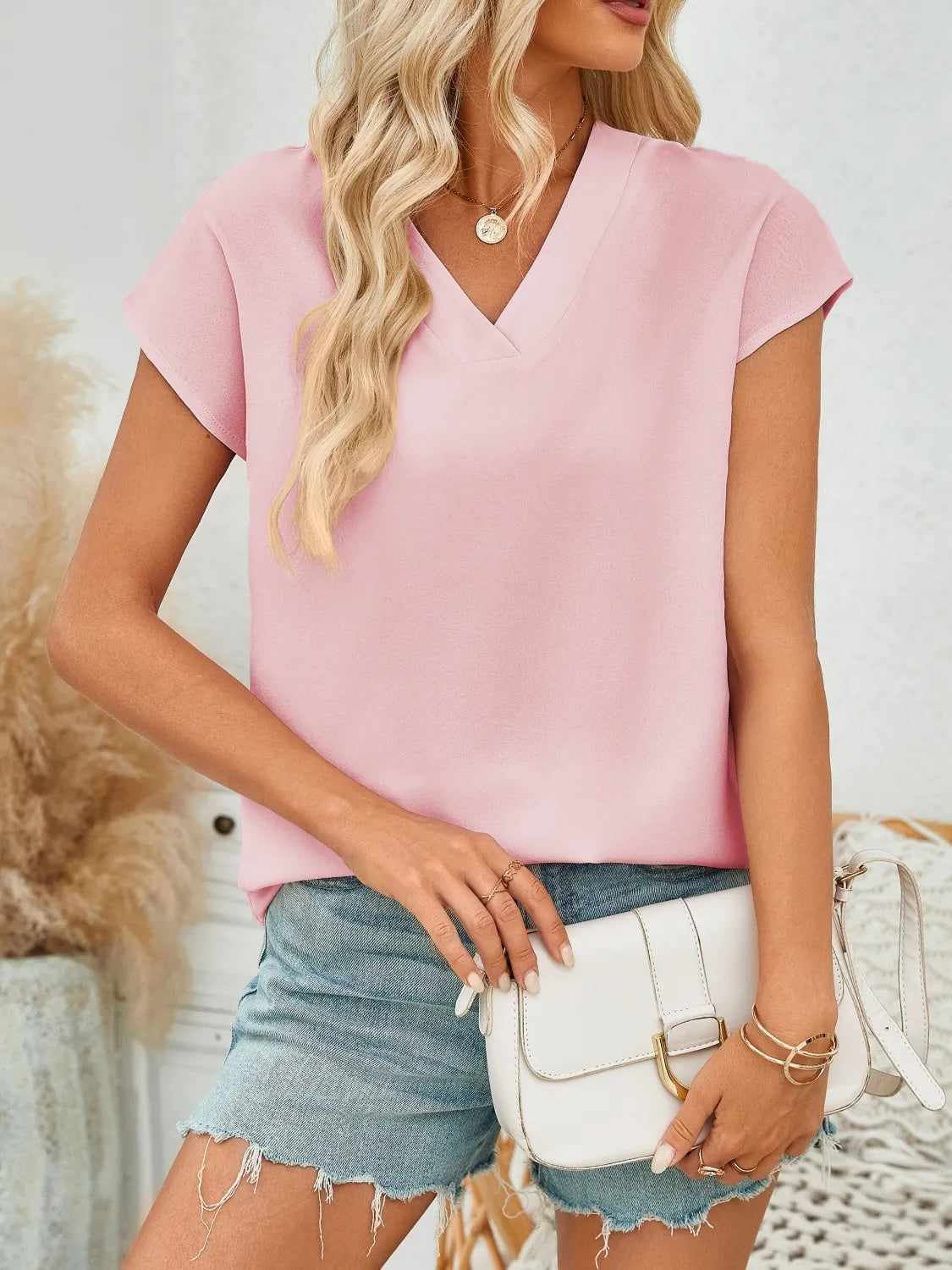 V-Neck Women's Blouse - Classic Polyester Top