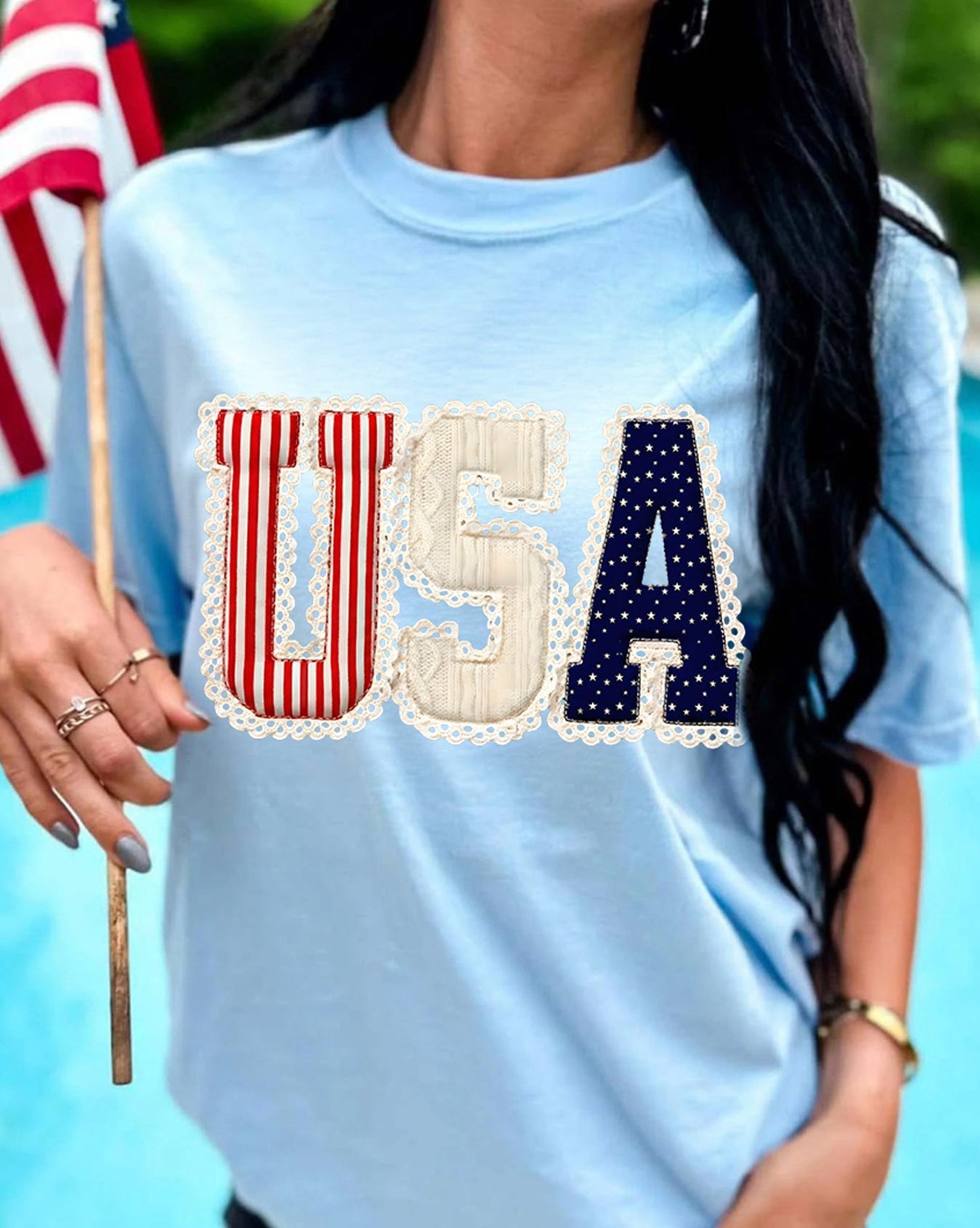 Light Blue USA Patriotic Printed T Shirt