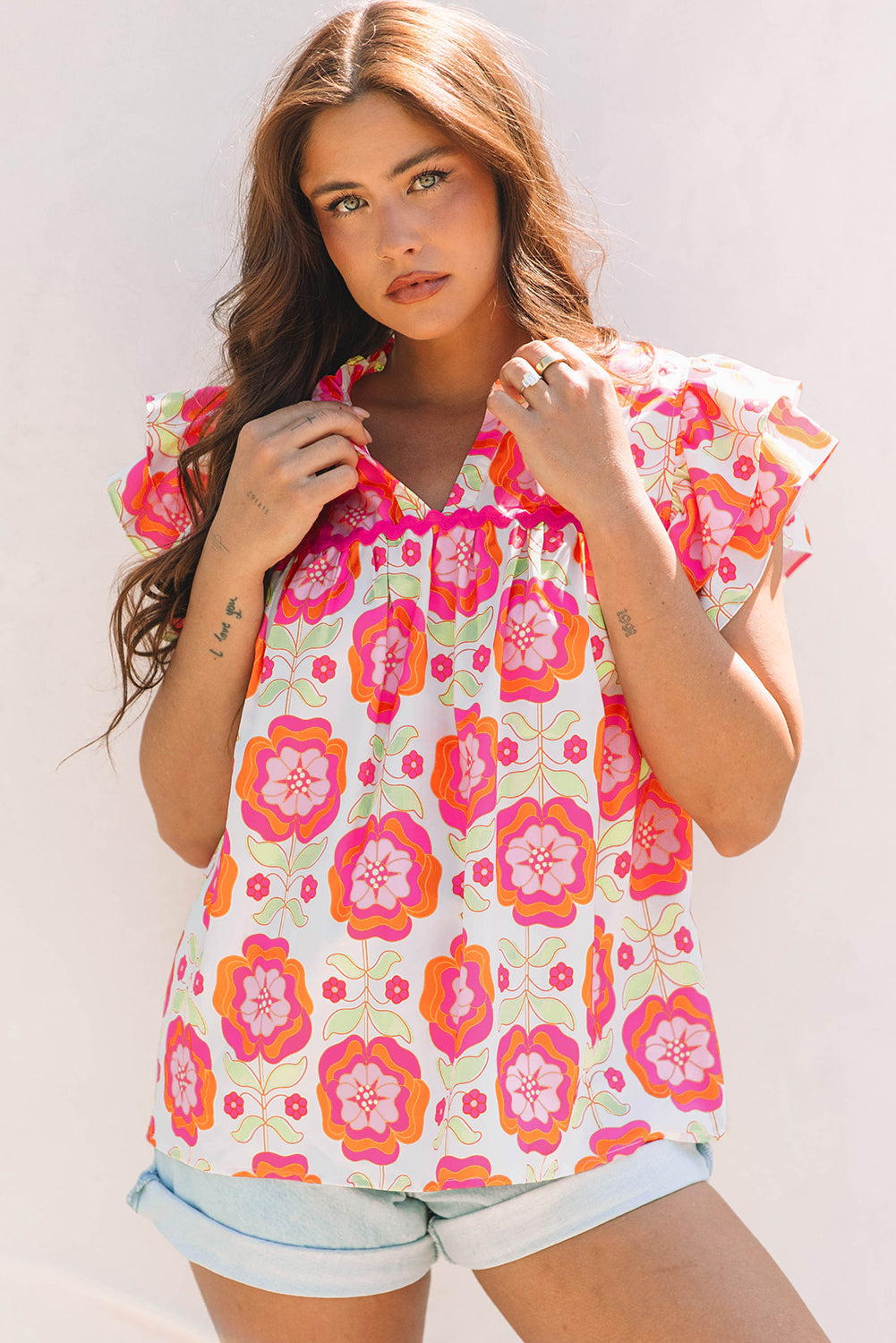 Floral Ricrac Trim Ruffle Sleeve Blouse