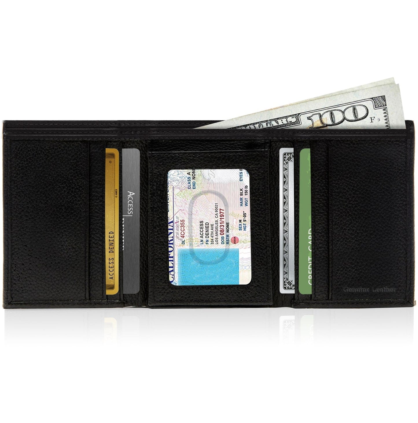 Genuine Leather Trifold Wallet – Flip-Up Dual ID Windows, RFID Blocking