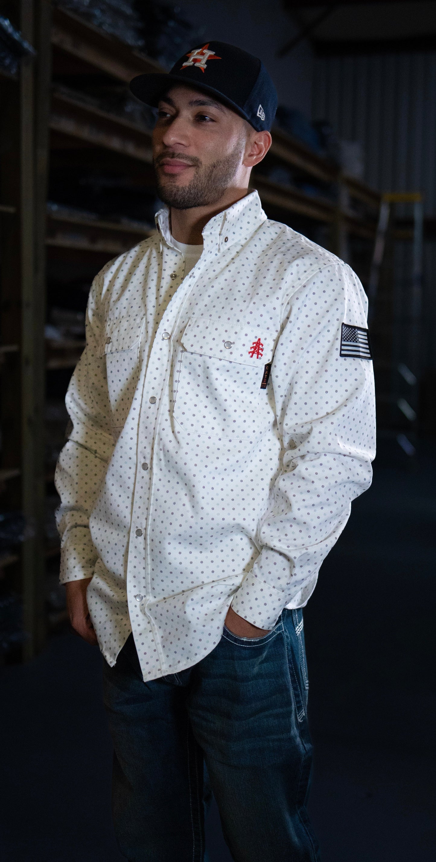 FR Pearl Snap Work Shirt - Phantom White - With U.S Flag