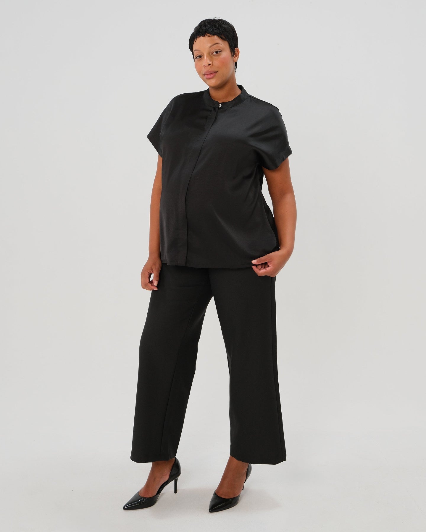 Short Sleeve Satin Maternity Shell Top with Concealed Nursing Zip