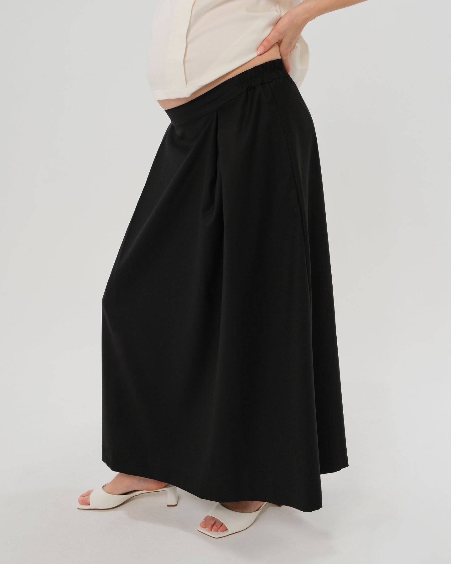 Pleated Black Maternity Maxi Skirt in All-Season Wool Blend | Over/Under Bump