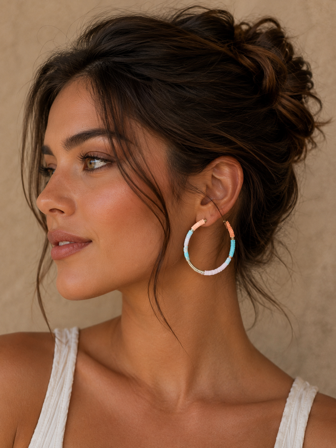 light heishi beaded summer hoops