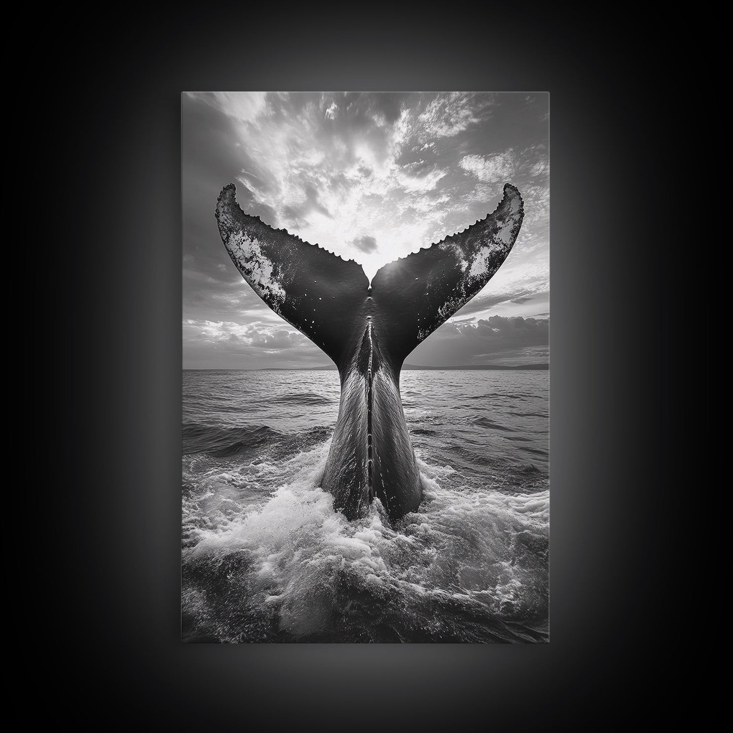 Whale Tail Splash, Ocean Sunset, Marine Majesty, Powerful Moment, Framed Canvas Print, Nautical Art, Coastal Living Room Decor