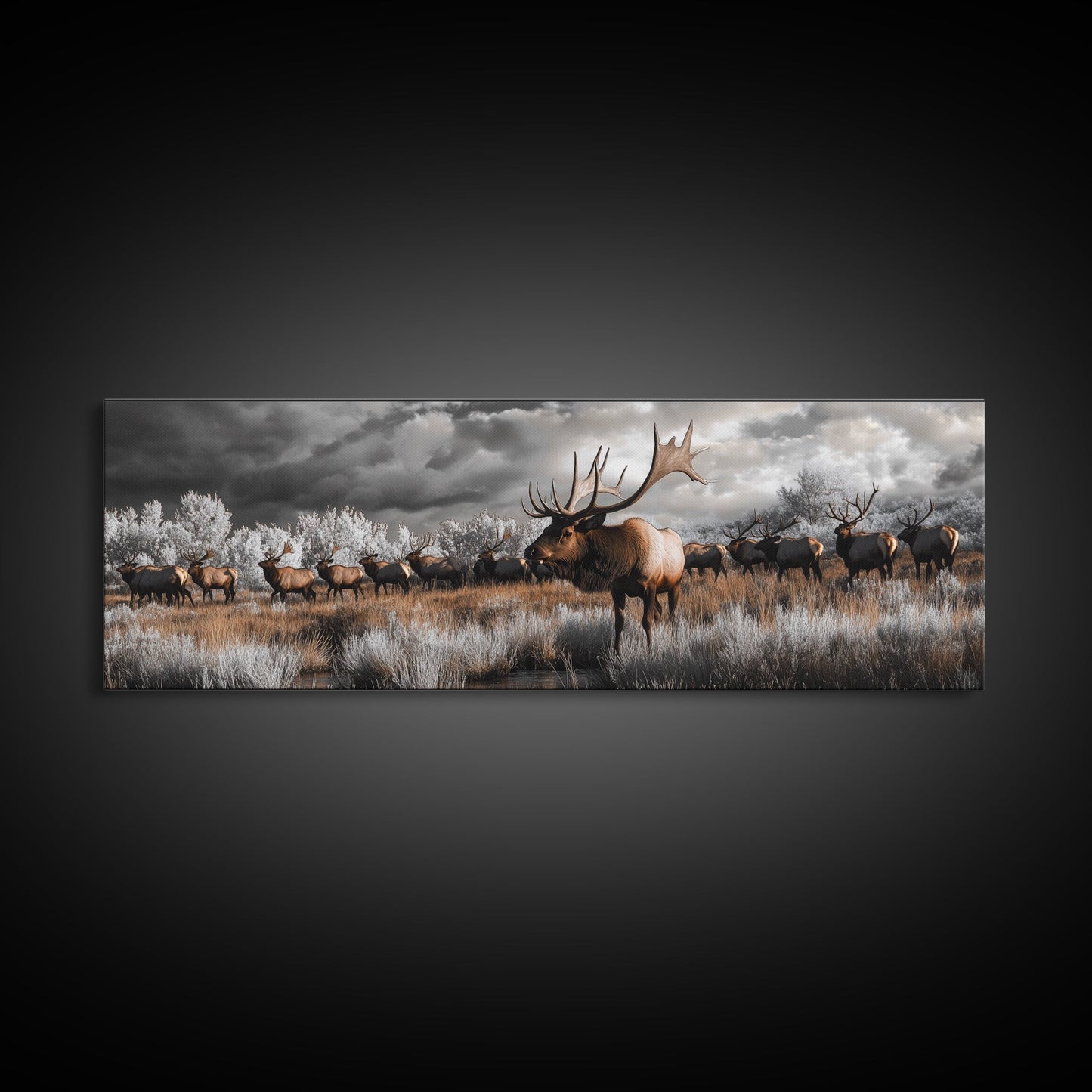 Elk Herd, Majestic Wildlife, Autumn Landscape, Framed Canvas Print, lodge decor, rustic mountain wall art, moody nature canvas
