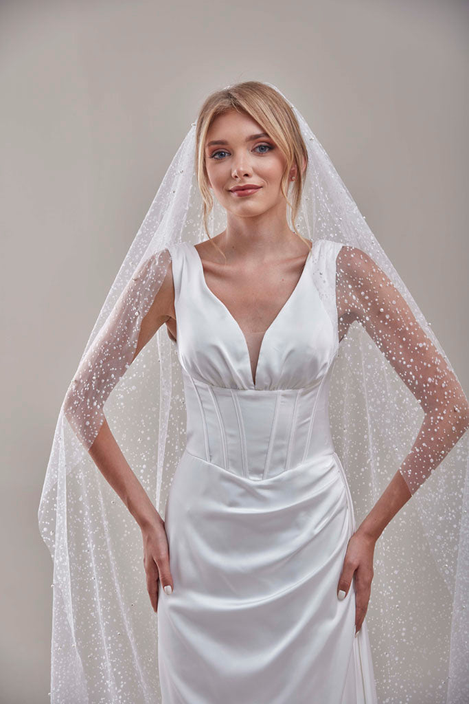 Bridal Veil, Veil with Pearls, One Layer Wedding Veil, Veil with Rhinestone-D180