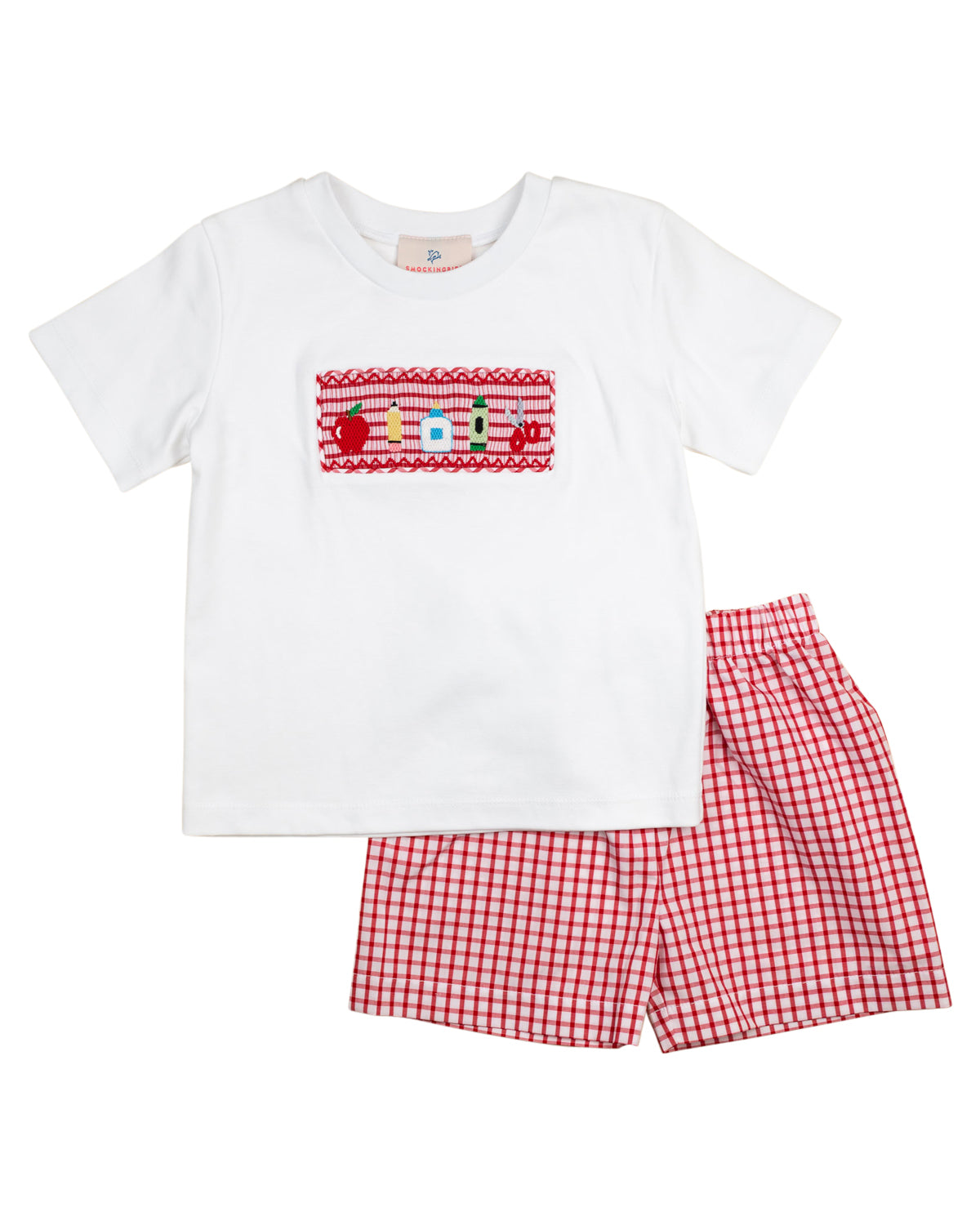 School Supplies Smocked Red Windowpane Shorts Set