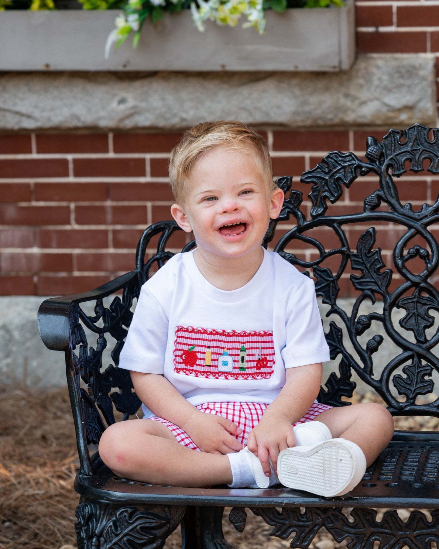 School Supplies Smocked Red Windowpane Shorts Set