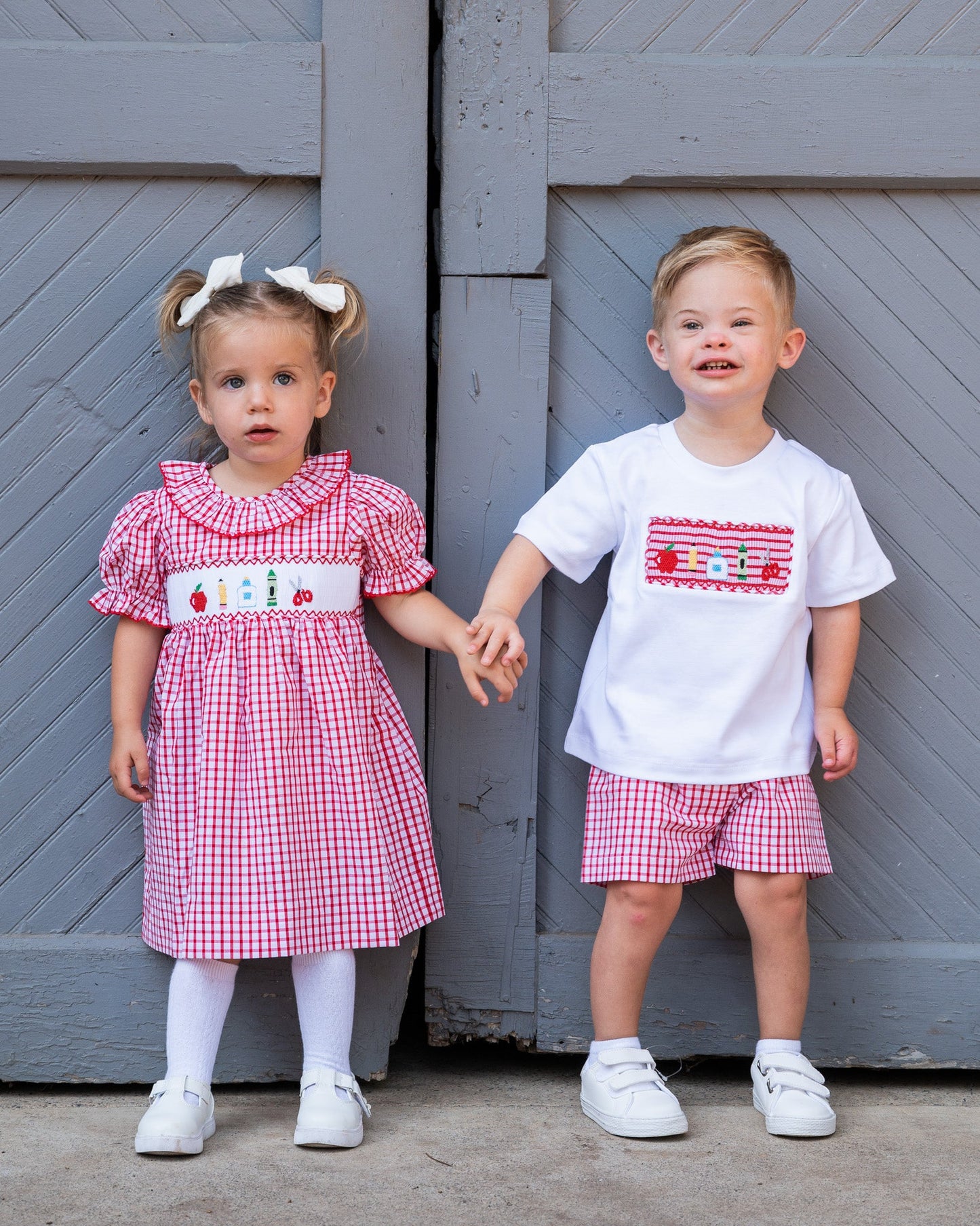 School Supplies Smocked Red Windowpane Shorts Set