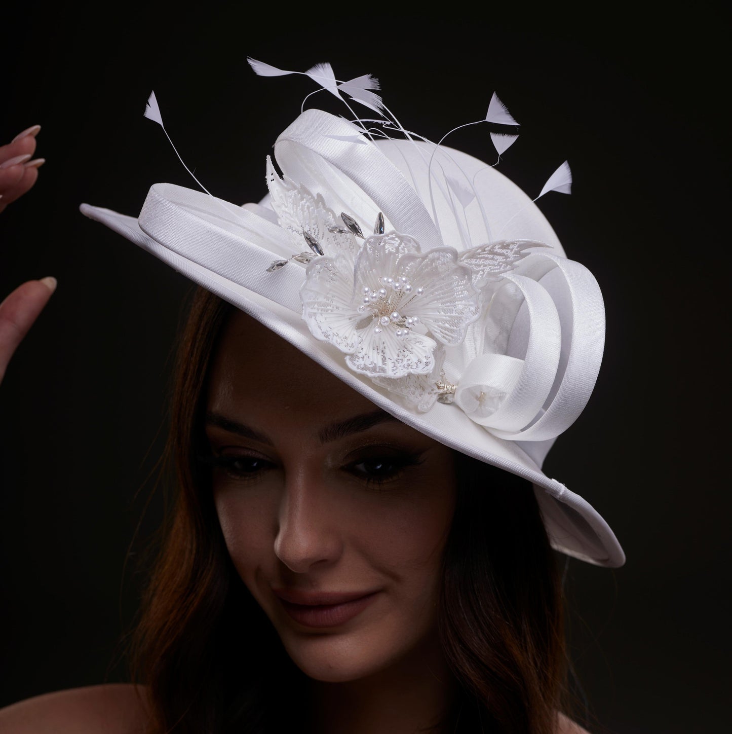 White Bridal Hat with Flower and Ribbon