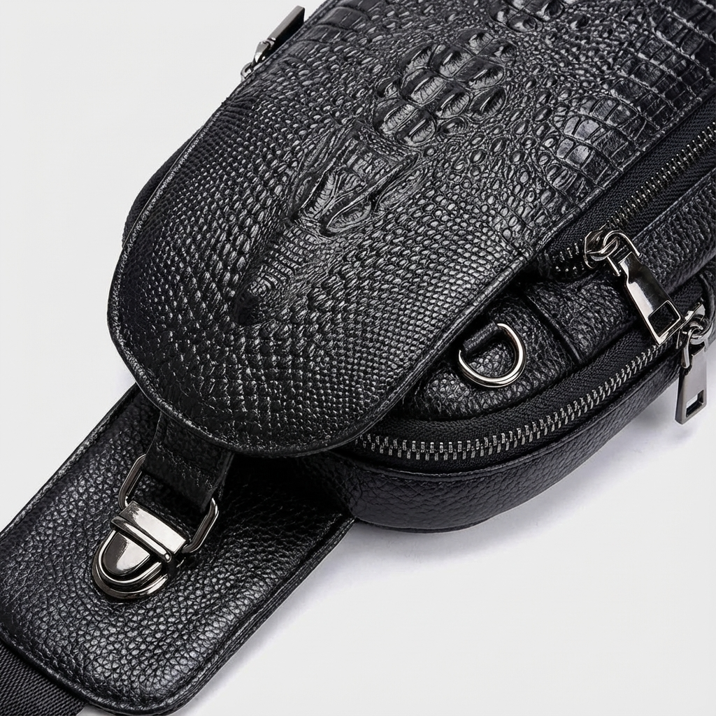 Men’s Croc-Embossed Leather Sling Bag – Secure Anti-Theft