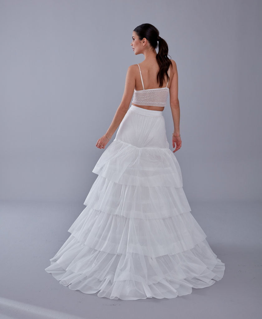 A line petticoat with train, Tiered Tulle Underskirt for Bridal Dress, Chapel Train Slip, White Crinoline 4 Hoop