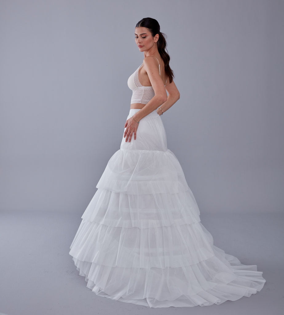 A line petticoat with train, Tiered Tulle Underskirt for Bridal Dress, Chapel Train Slip, White Crinoline 4 Hoop