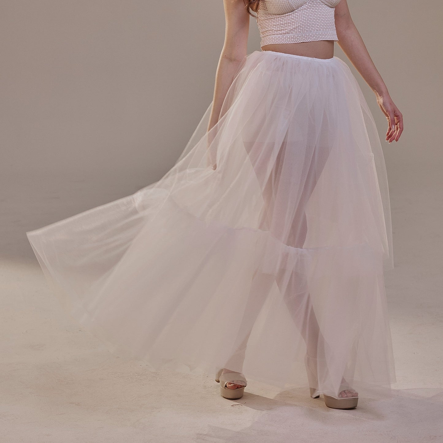 Elegant Double Tulle Skirt , Double Layer Soft White Tulle Skirt for Women, Sheer Maxi Overskirt