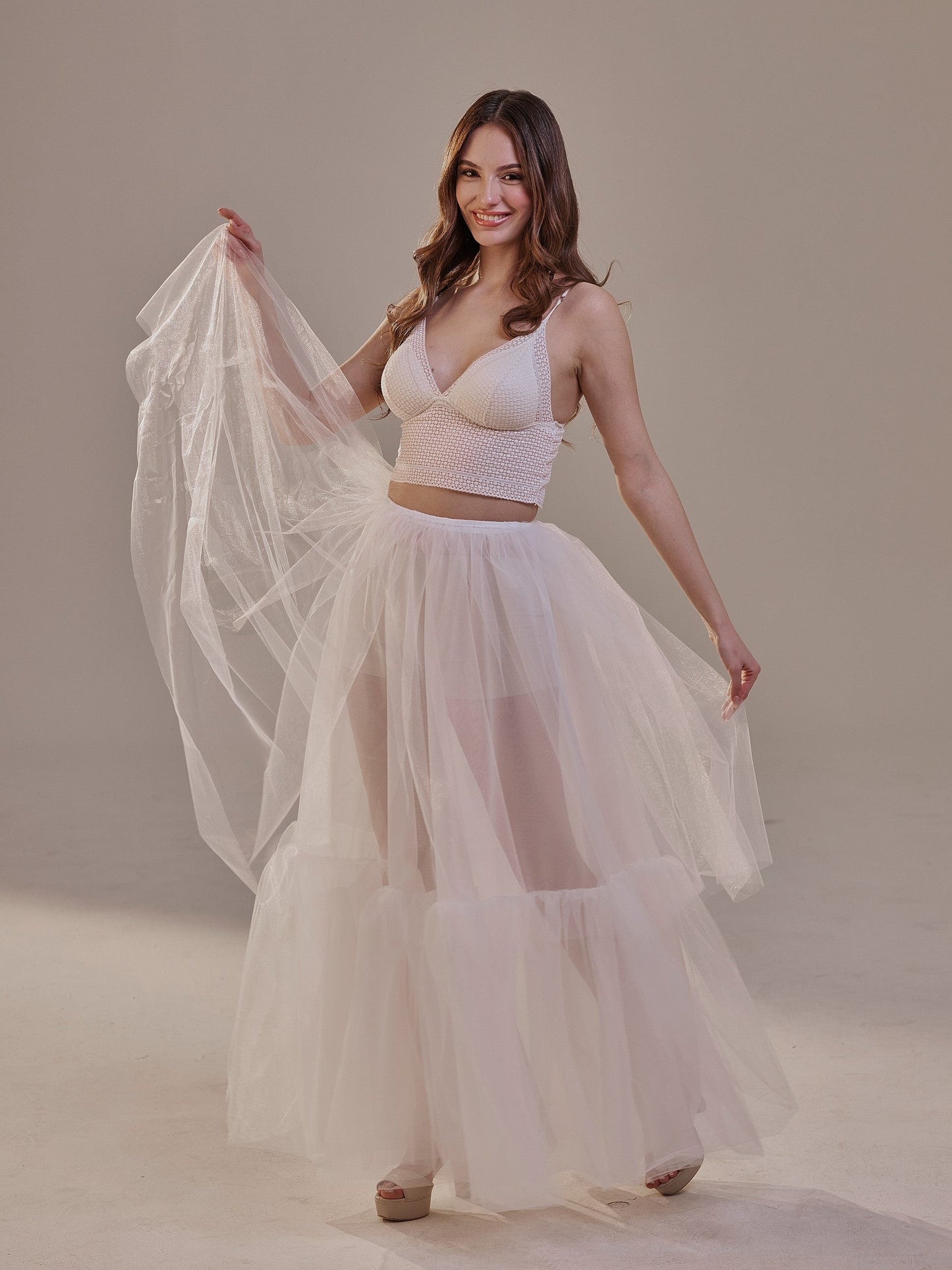 Elegant Double Tulle Skirt , Double Layer Soft White Tulle Skirt for Women, Sheer Maxi Overskirt