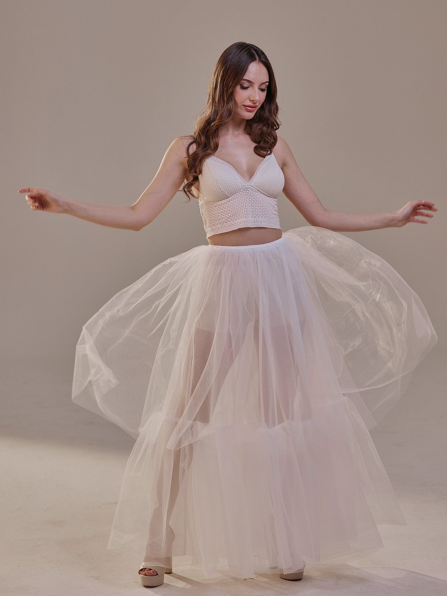 Elegant Double Tulle Skirt , Double Layer Soft White Tulle Skirt for Women, Sheer Maxi Overskirt