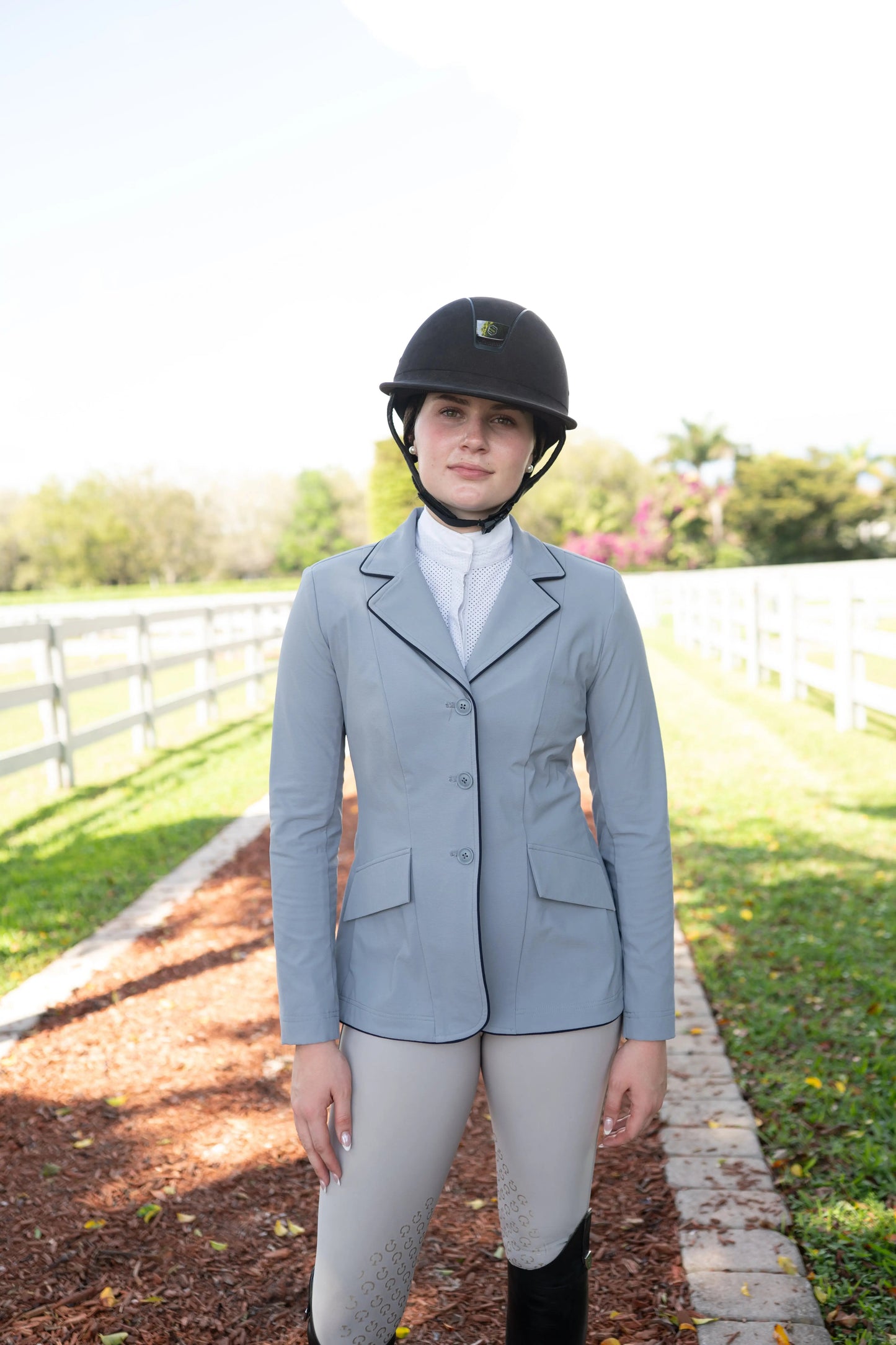Grand Prix Ladies EQJ 3 Button Show Coat, Cadet Blue with Navy Piping