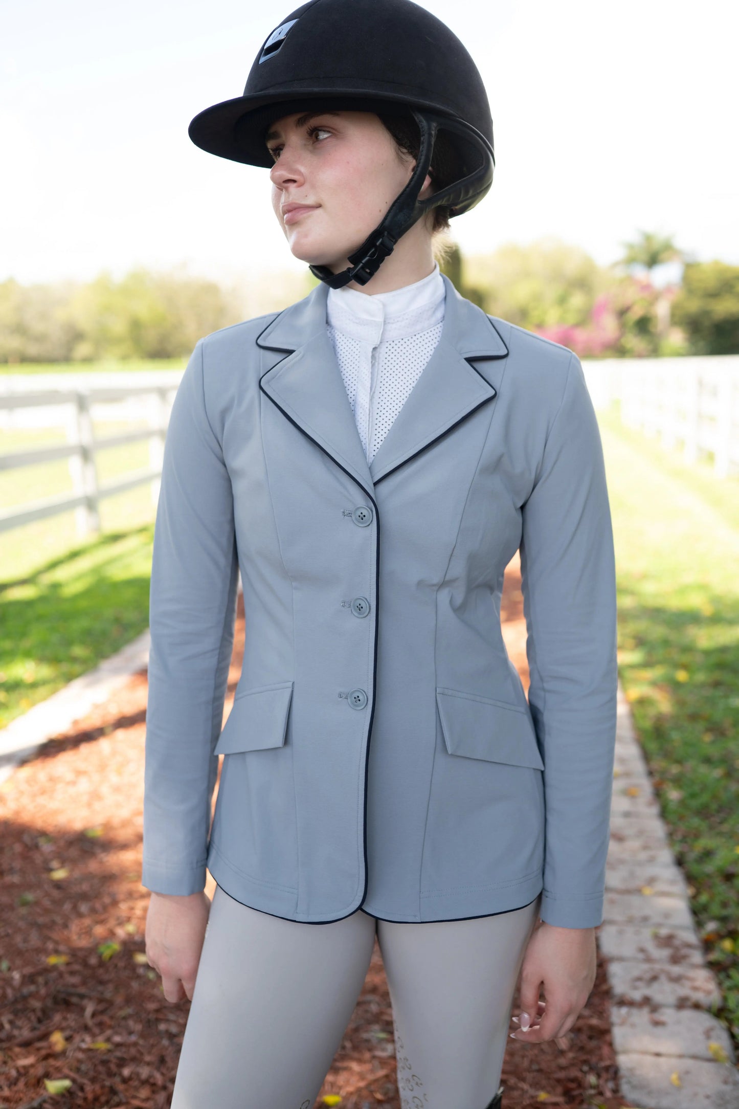 Grand Prix Ladies EQJ 3 Button Show Coat, Cadet Blue with Navy Piping