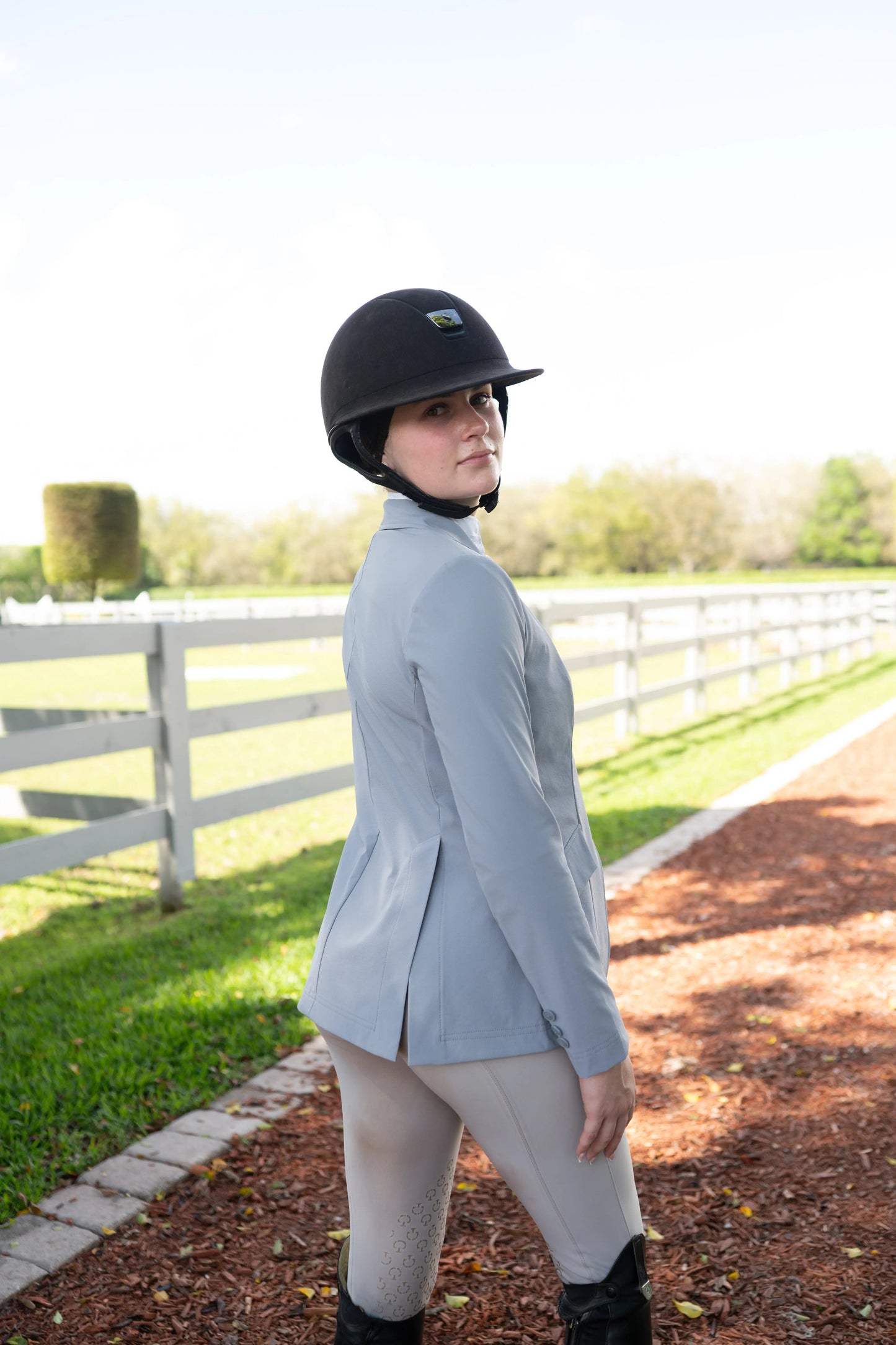 Grand Prix Ladies EQJ 3 Button Show Coat, NY Tech Fabric, Cadet Blue
