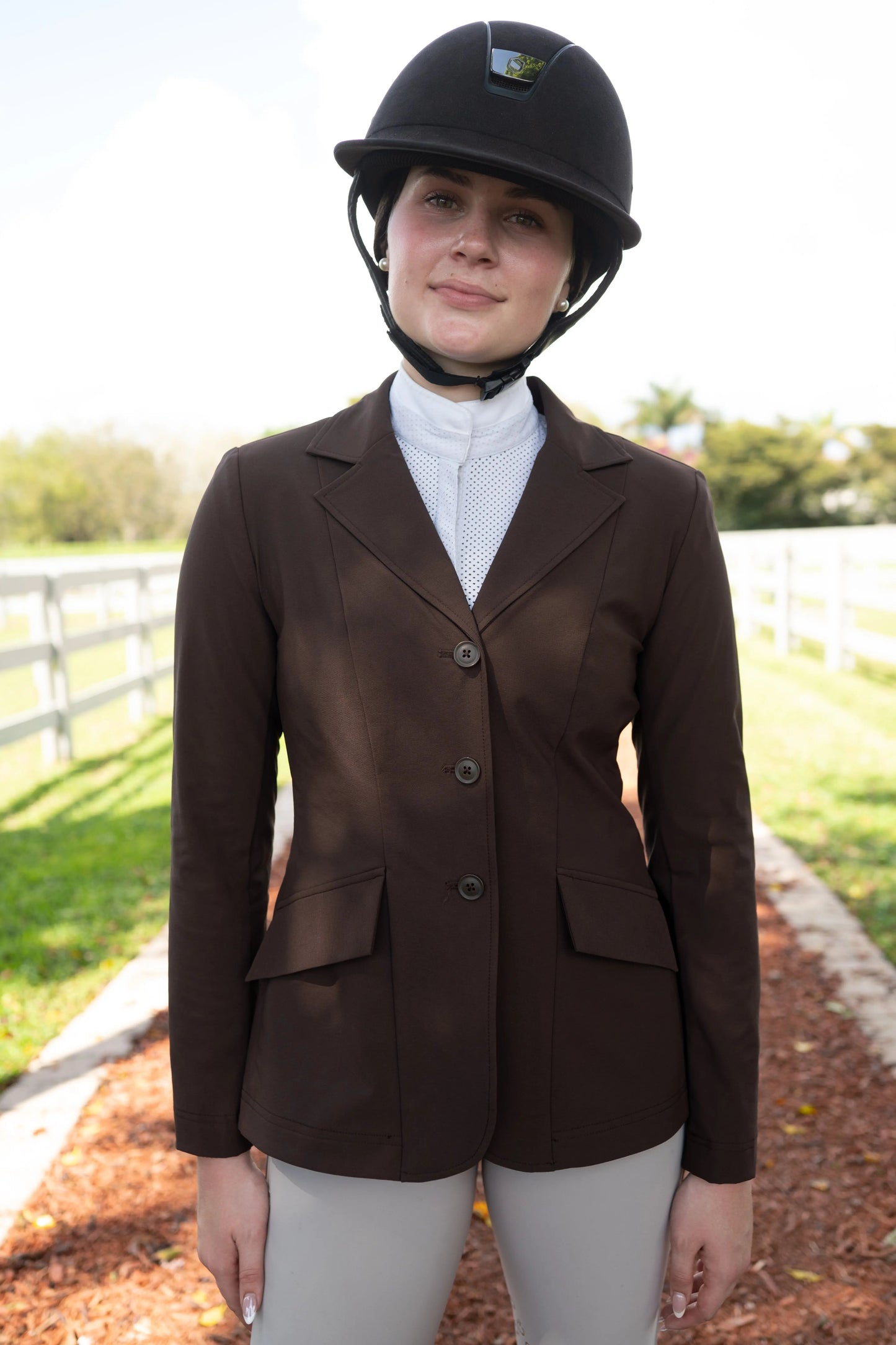 Grand Prix Ladies EQJ 3 Button Show Coat, NY Tech Fabric, Chocolate