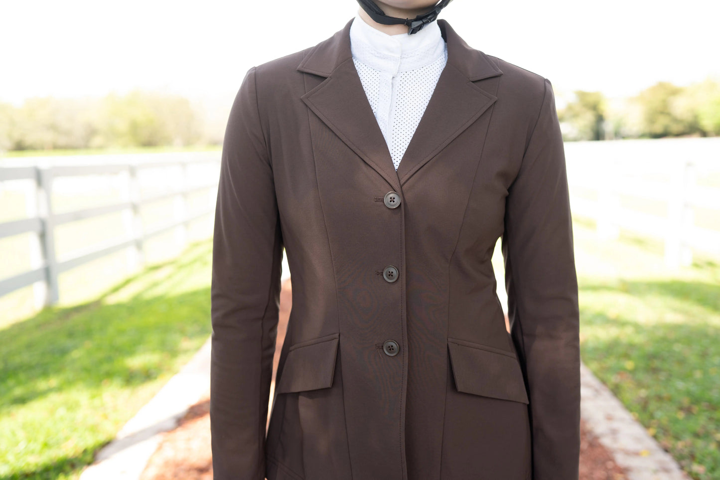 Grand Prix Ladies EQJ 3 Button Show Coat, NY Tech Fabric, Chocolate