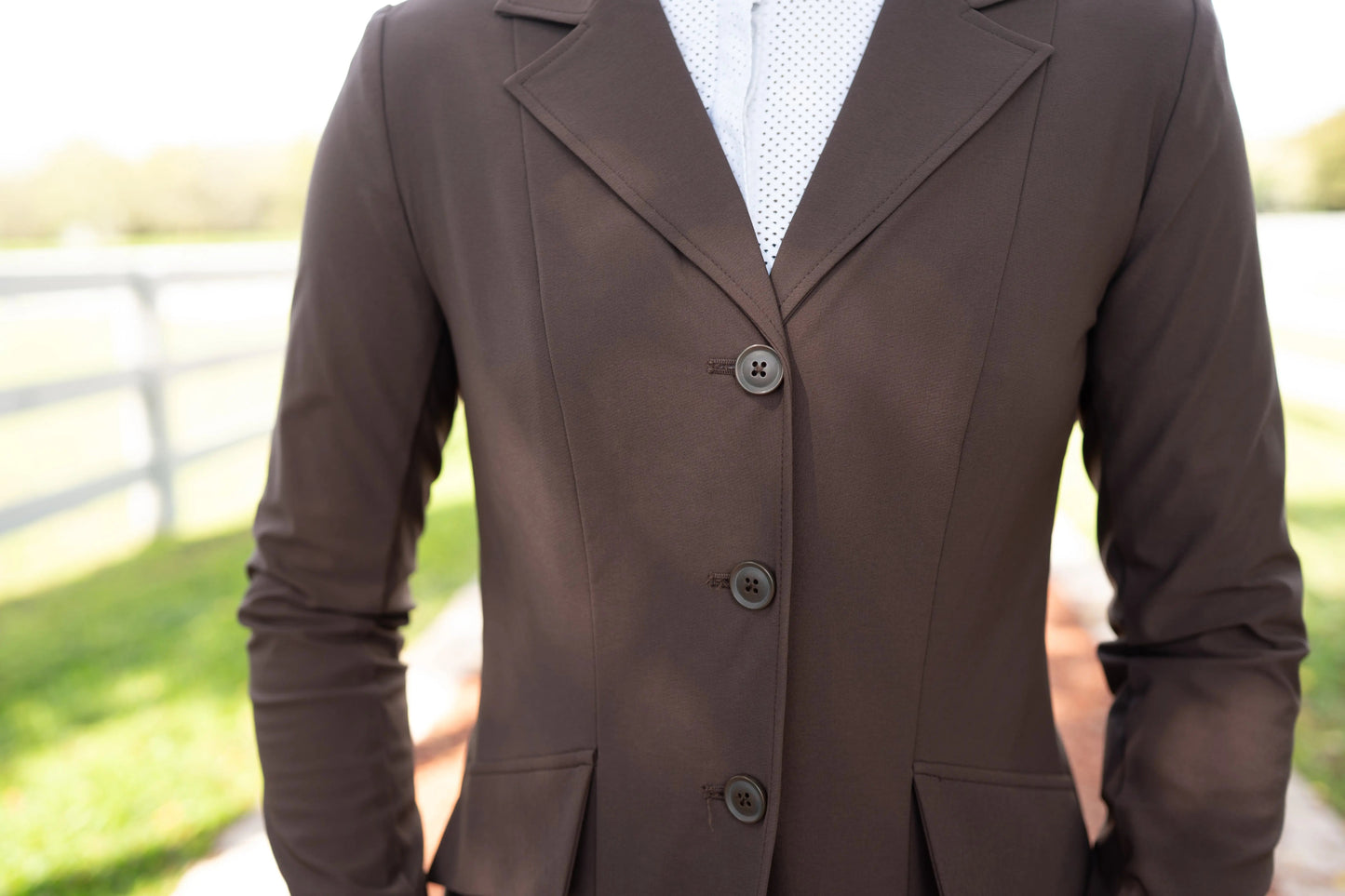 Grand Prix Ladies EQJ 3 Button Show Coat, NY Tech Fabric, Chocolate