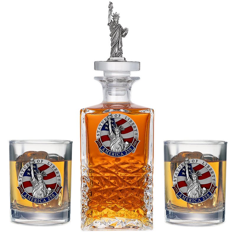 America's 250th Anniversary Statue of Liberty Heritage Decanter with 3D Top & 2 Glasses