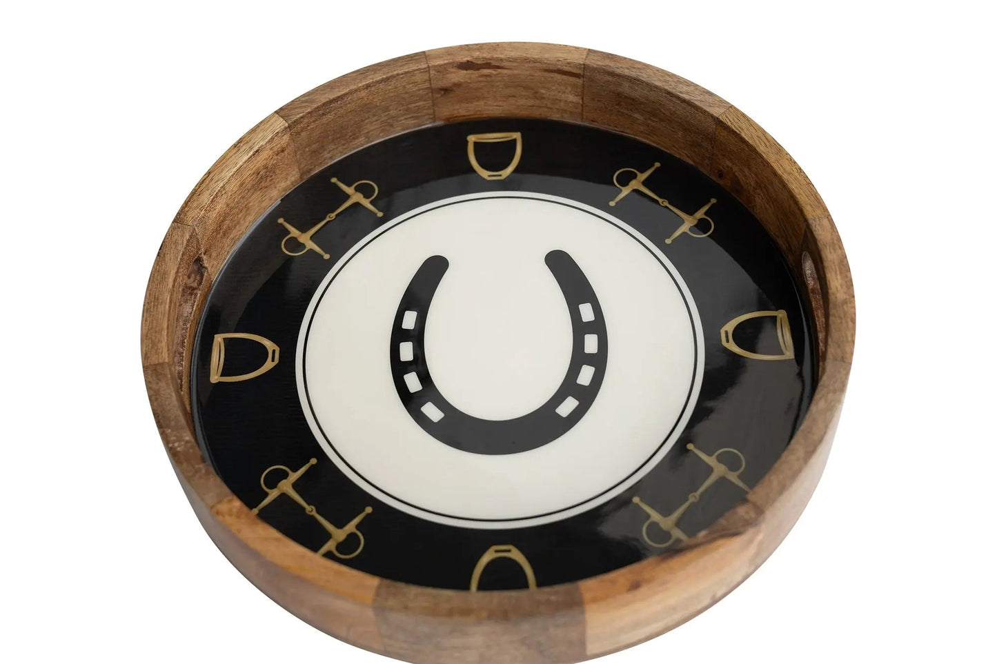 Huntley Equestrian Horsehoe and Bit Round Wooden Tray-Black and Gold Equestrian Home Decor