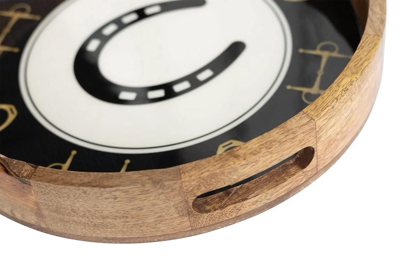 Huntley Equestrian Horsehoe and Bit Round Wooden Tray-Black and Gold Equestrian Home Decor