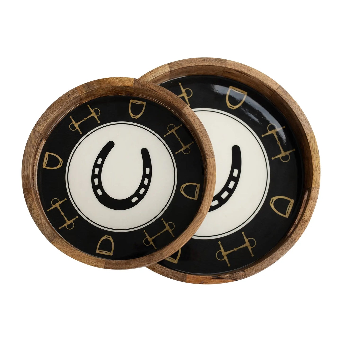 Huntley Equestrian Horsehoe and Bit Round Wooden Tray-Black and Gold Equestrian Home Decor