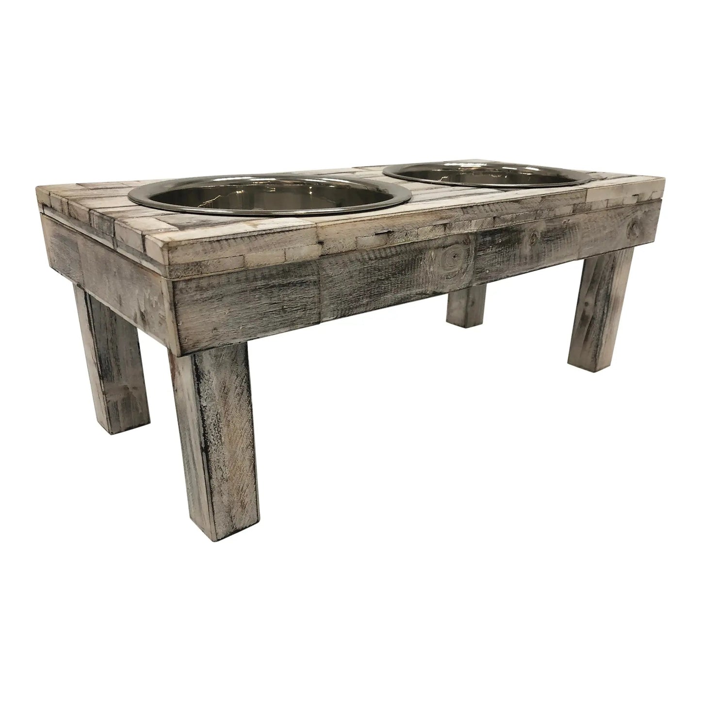 Huntley Pet Berjen Table Elevated Double Bowl Pet Feeder, White Wash