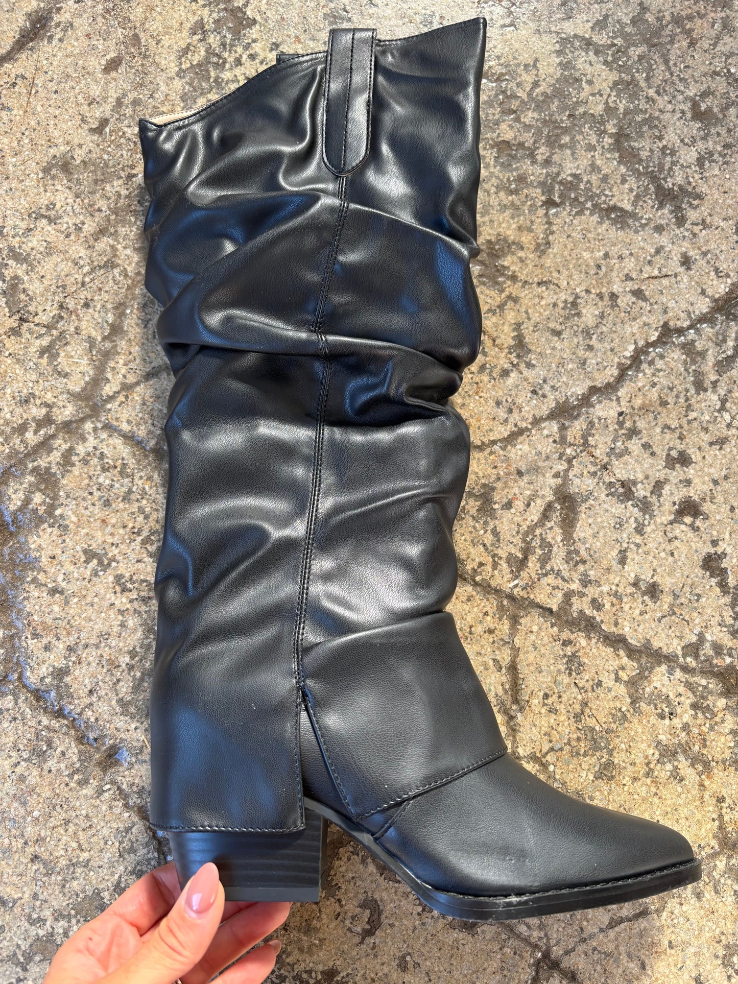 Thea Mid-Calf Faux Leather Black Slouchy Heeled Boot