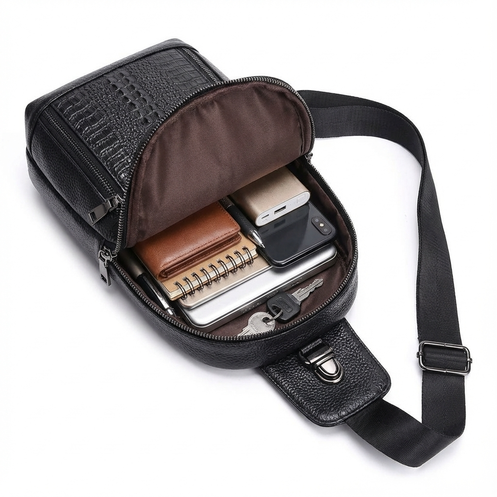 Men’s Croc-Embossed Leather Sling Bag – Secure Anti-Theft