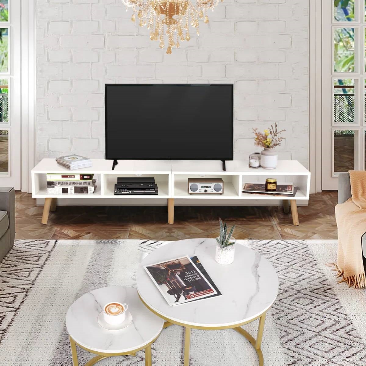Modern Mid-Century Style TV Stand in White with Wood Legs for TVs up to 65-inch