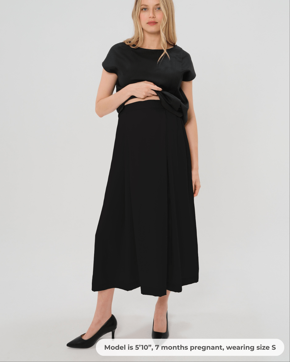 Pleated Black Maternity Maxi Skirt in All-Season Wool Blend | Over/Under Bump