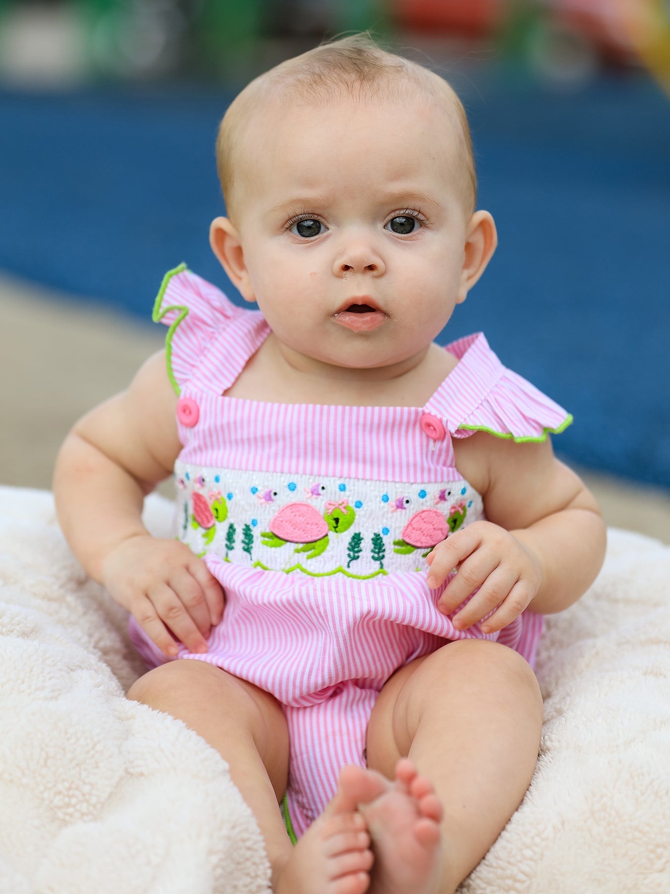 Turtle Girls Romper Pink Stripe Ruffle Strap Smocked