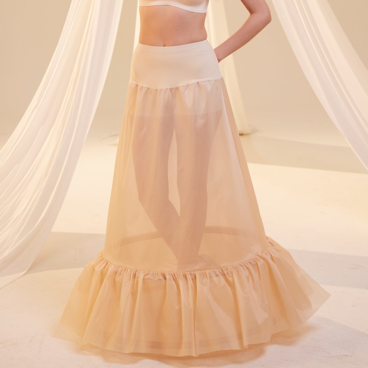 Nude Trumpet Petticoat Skirt with Waist Corsage , Bridal Crinoline Slip