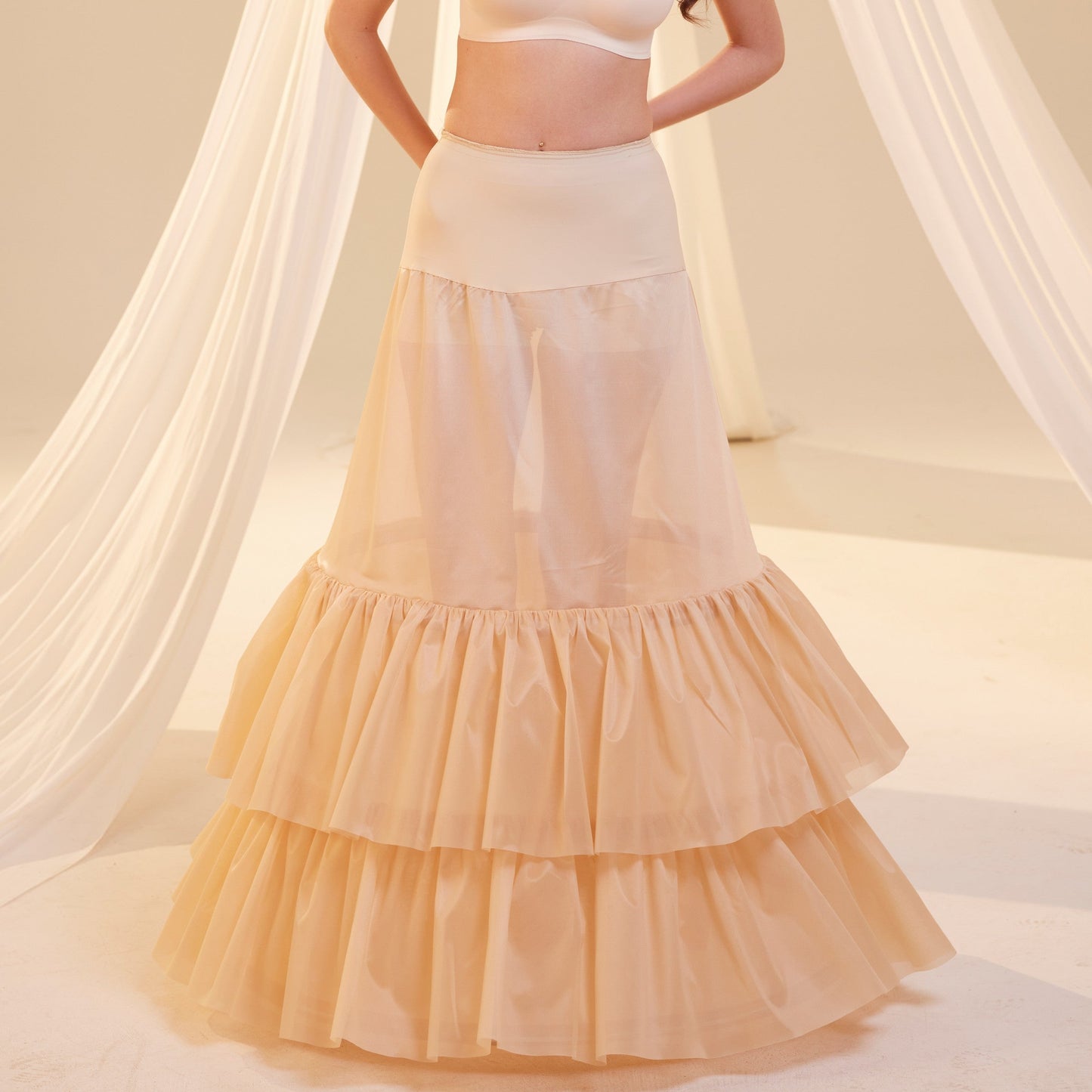 Nude Trumpet Petticoat Skirt with Waist Corsage and 3 Hoops , Bridal Crinoline Slip